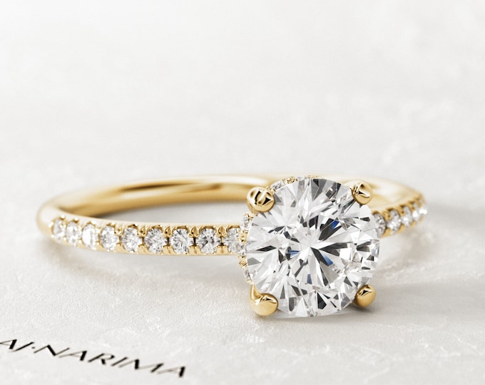 1 Carat Round Brilliant E VVS2 Lab Grown Diamond Engagement Ring / Hidden Halo Engagement Ring / 14k Gold Pave Thin Diamond Ring / 18k Gold
