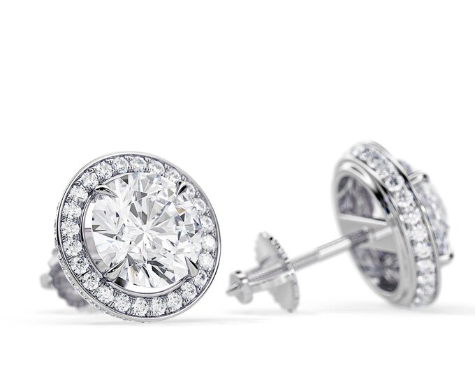 2 Carat Moissanite Double Edge Halo Earrings in White Gold / 0.5ct Lab Grown Diamonds / Halo Stud Earrings / Minimalist Screw Back Earring