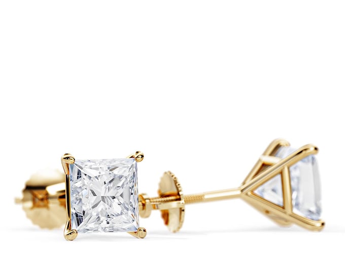 2 CT Princess Cut CVD Diamond Martini Earrings / Minimalist Lab Grown Diamonds Pair of Stud Earrings / 14K 18K Screw Back Dainty Earrings