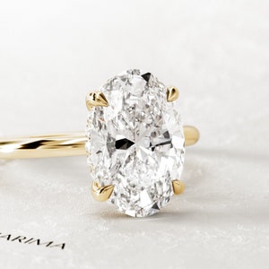 3 Carat Oval Lab Grown Hidden Halo Engagement Ring / Elongated Oval CVD Diamond VS1 F / Yellow Gold Thin Engagement Ring / Dainty Oval Ring