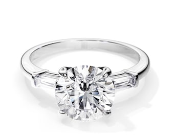 3 Carat E VVS2 Round Lab Grown Diamond Three Stone Ring / 3 Stone Diamond Engagement Ring / 3ct Diamond Ring / Baguette and Round 3 Stone