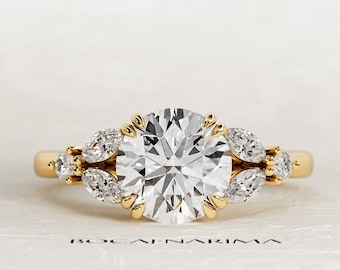 2 Carat Round Brilliant Lab Grown Diamond Nature Inspired Engagement Ring / Yellow Gold Boho Proposal Ring / Double Prong Unique Ring