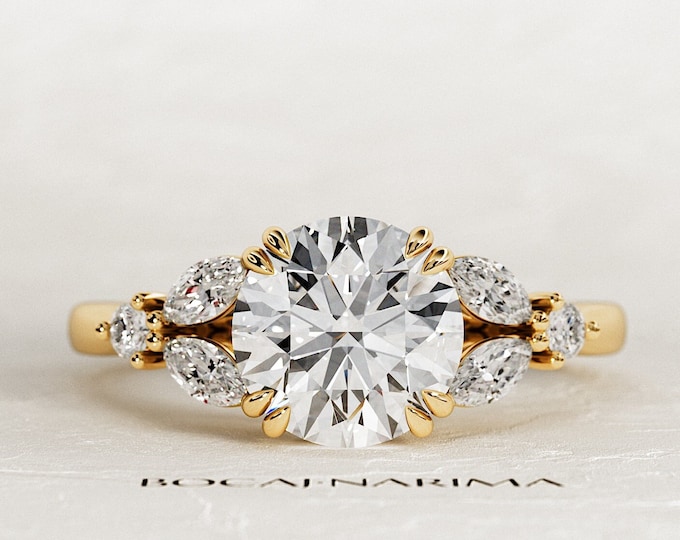 2 Carat Round Brilliant Lab Grown Diamond Nature Inspired Engagement Ring / Yellow Gold Boho Proposal Ring / Double Prong Unique Ring