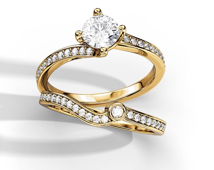 Bypass Diamond Bridal Set / 1 Carat Natural Diamond Engagement Ring / Yellow Gold Wedding Rings / Irregular Pave Diamond Rings Set