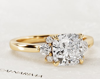 2 Carat Cushion Lab Grown Diamond Cluster Engagement Ring / Nature Inspired Square Cushion CVD Diamond Ring / Unique Yellow Gold Ring