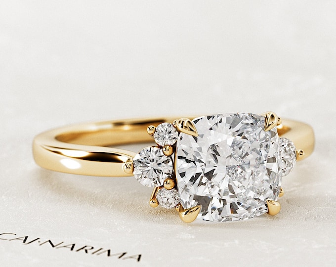 2 Carat Cushion Lab Grown Diamond Cluster Engagement Ring / Nature Inspired Square Cushion CVD Diamond Ring / Unique Yellow Gold Ring