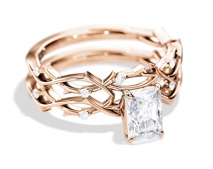 Radiant Twig Ring Set / 1 CT Radiant Moissanite Nature Engagement Ring / Branch Rings Set in Rose Gold / Nature Inspired Women Wedding Rings