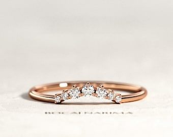 Curved Wedding Band / Rose Gold Curve Wedding Ring / Minimalist Pave Wedding Band / Stackable Diamond Ring / Stacking Thin Womens Ring /