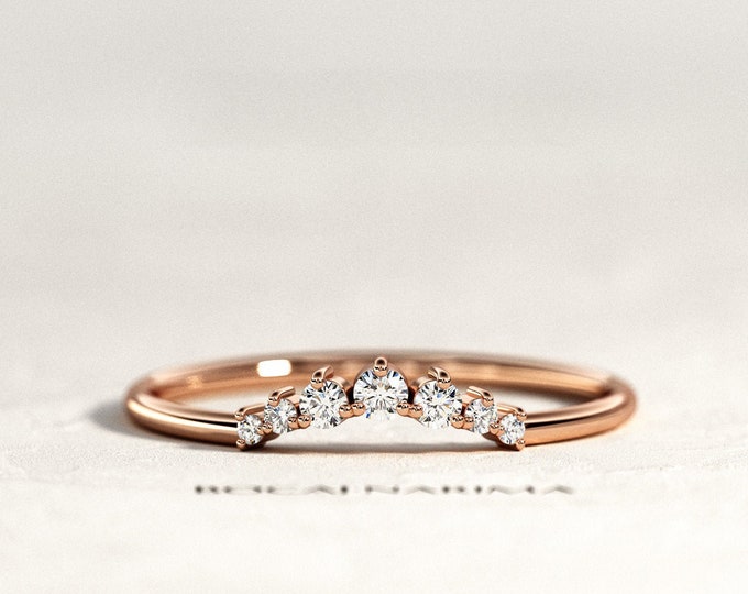 Curved Wedding Band / Rose Gold Curve Wedding Ring / Minimalist Pave Wedding Band / Stackable Diamond Ring / Stacking Thin Womens Ring /