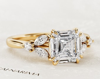 2 Carat Asscher Cut Lab Grown Diamond Boho Engagement Ring / 14k Yellow Gold Nature Inspired Ring / Asscher Cut Diamond VS1 F IGI Certified