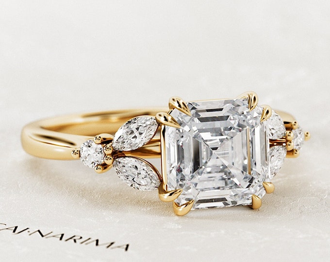 2 Carat Asscher Cut Lab Grown Diamond Boho Engagement Ring / 14k Yellow Gold Nature Inspired Ring / Asscher Cut Diamond VS1 F IGI Certified