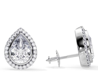 2 CT Pear Cut Diamond Earrings / Bezel Set Screw Back Earrings / White Gold Pear Halo Stud Earrings / Natural Diamonds H-VS2 GIA Certified