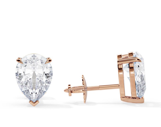 2 Carat Pear Moissanite Basket Earrings in 14K 18K Rose Gold / Screw Back Pair of Earrings / Dainty Studs / Minimalist Earrings