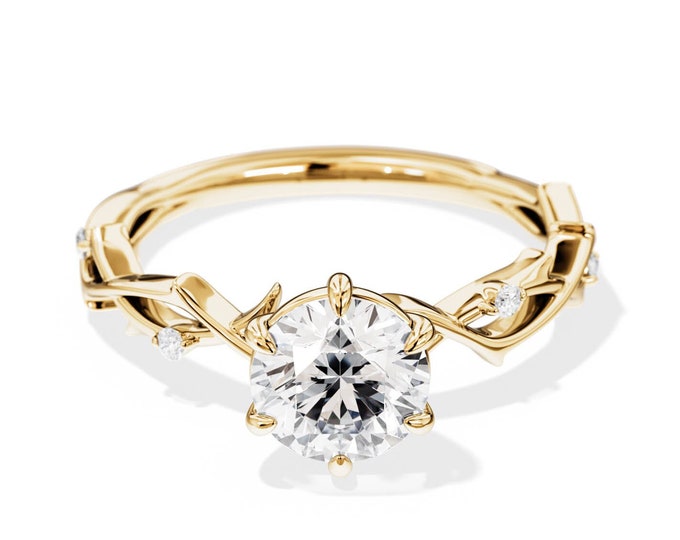 1 Carat E VVS2 Lab Grown Diamond Ring / Twig Engagement Ring / 14k Gold Branch and Leaf Round Brilliant Diamond Ring / Yellow Gold