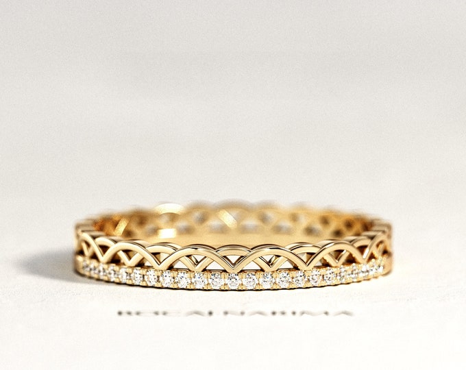 Celtic Diamond Ring / Celtic Wedding Band / Half Eternity Diamond Band / Celtic Ring / Crown Ring for Women / 14k Gold Pattern Wedding Ring