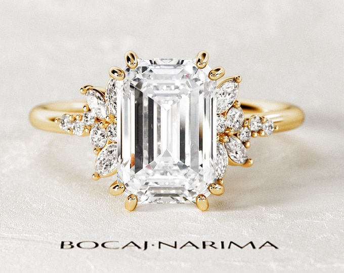 3 CT Emerald Cut Lab Grown Nature Inspired Diamond Ring / VVS2 F CVD Diamond Ring / Cluster Engagement Ring / Floral Lotus CVD Diamond Ring