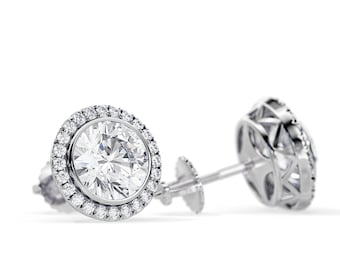 2 Carat Natural Diamond Halo Earrings / Bezel Set Stud Earrings / White Gold Screw Back Earrings / H-SI1 GIA Certified / Diamond Earrings
