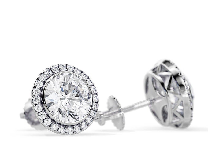 2 Carat Natural Diamond Halo Earrings / Bezel Set Stud Earrings / White Gold Screw Back Earrings / H-SI1 GIA Certified / Diamond Earrings