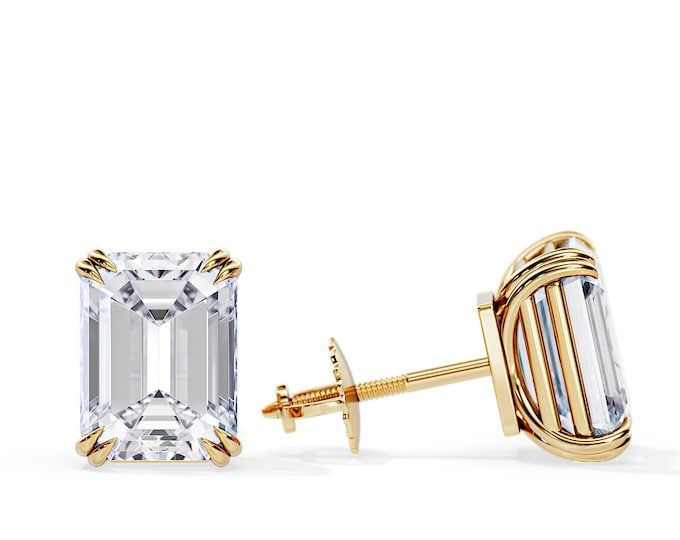 4 Carat Emerald Cut Moissanite Basket Stud Earrings / Double Claw Prong Pair of Earrings / Yellow Gold Solitaire Screw Back Eearrings
