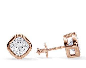 2 CT Cushion Diamond Earrings / Bezel Set Earrings in Rose Gold / Square Cushion Lab Grown Diamond VS1-F IGI Certified Screw Back Earrings