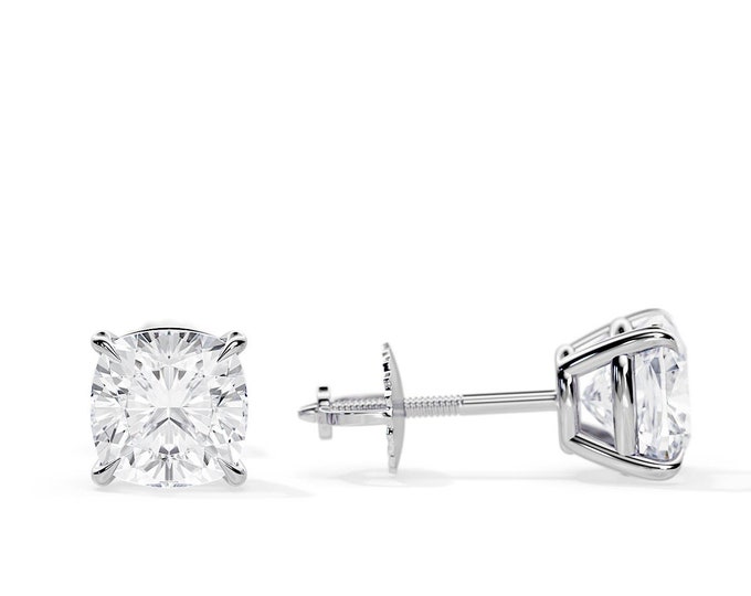 2 Carat Cushion Cut Natural Diamond Earrings / Basket Stud Earrings / Solitaire Screw Back Earrings / Square Cushion GIA Certified Diamond