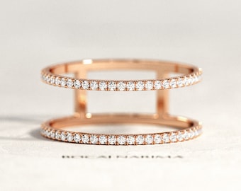 Double Row Diamond Ring / Yellow Gold Double Row Diamond Wedding Band / Diamond Fashion Ring / Double Shank Ring / Gift For Her
