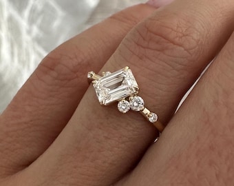 1 Carat Emerald Cut Lab Grown Diamond Engagement Ring / Organic Ring / 14K Gold Nature Inspired Twisted Diamond / Asymmetrical Set Diamond