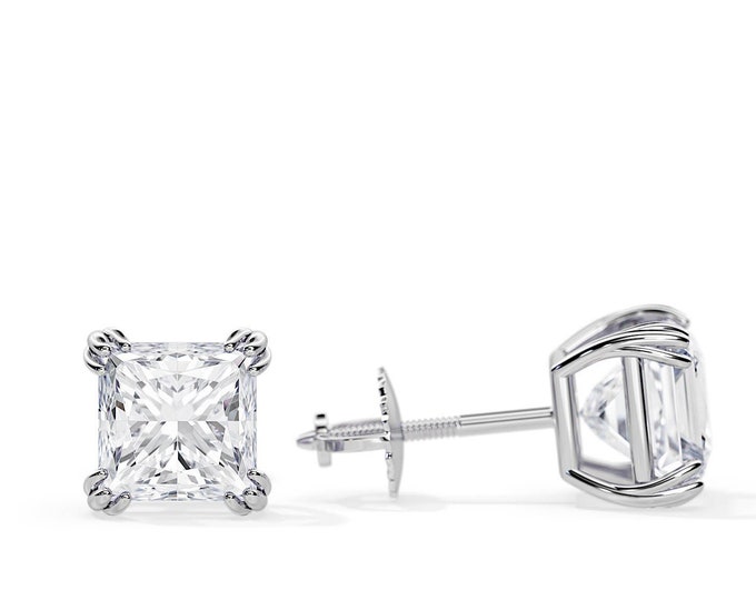 2 Carat Princess Cut Lab Grown Diamonds Stud Basket Earrings / White Gold Pair of Earrings / Screw Back Triple Prong Minimalist Earrings