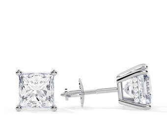 2 CT Princess Colorless Moissanite Hidden Halo Earrings / Screw Back Basket Pair of Earrings White Gold / Dainty Stud Earrings / Claw Prong