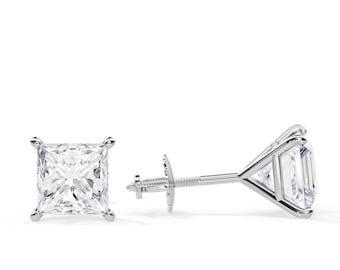 Princess Cut Diamond Minimalist Stud Earrings / 2 Carat Total VS2/H GIA Certified Natural Diamonds / Martini Screw Back Pair of Earrings