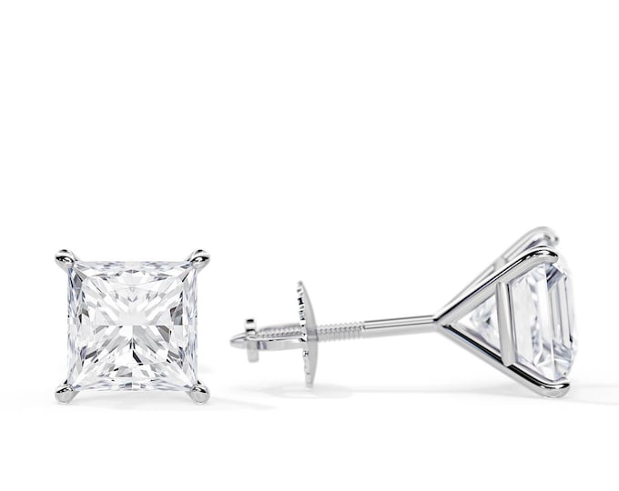 Princess Cut Diamond Minimalist Stud Earrings / 2 Carat Total VS2/H GIA Certified Natural Diamonds / Martini Screw Back Pair of Earrings