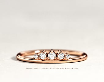 5 Stone Diamond Ring / Dainty Diamond Ring / 14k 18k Rose Gold Crown Ring / Stackable Wedding Band / Stacking Ring / Five Stone Diamond Band
