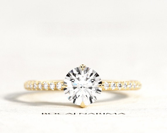 1ct Forever One Moissanite Pave Engagement Ring, Pave Solitaire Engagement Ring, 4 Prongs Cat Claws Setting, 1ct Moissanite & Pave Diamonds