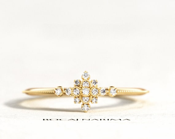 Dainty Filigree Diamond Engagement Ring, Delicate Milgrains Diamond Ring, Yellow Gold Crown Diamond Ring, Art Deco Ring, Snowflake Ring