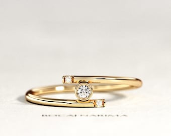 Bypass Diamond Ring / 14k 18k Solid Gold Ring / Unique Open Diamond Ring / Small Diamond Engagement Ring / Rings For Women / Gift For Women