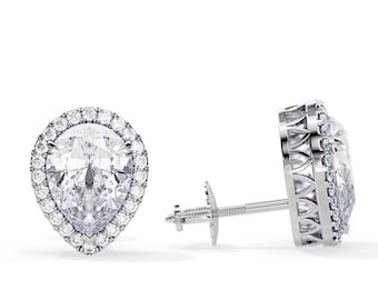 2 Carat Pear Cut Lab Grown Diamond Ring Unique Gallery Basket Earrings / Pear Shape Halo Diamond Pair of Screw Back Earrings / CVD Diamonds