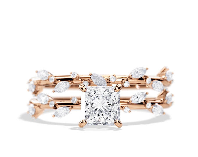 1.5 Carat Princess Cut Lab Diamond Twig Engagement Ring Set / Nature Bridal Set / Rose Gold Nature Inspired / 0.45CT Diamonds Branch Ring
