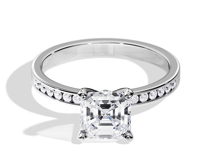 2 Carat Asscher Cut Moissanite Ring / Channel Set Ring / Asscher Cut Moissanite Ring / 14K or 18K White Gold / Classic Engagement Ring