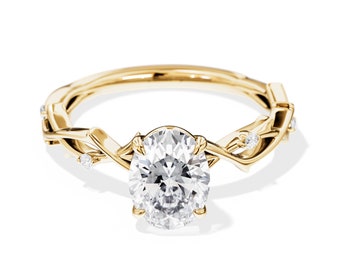 1.5 Oval Lab Grown Diamond Ring / Oval Lab Grown Diamond / Twig Engagement Ring / Branch Ring / Yellow Gold Twig and Leaf / Lab Diamond RIng