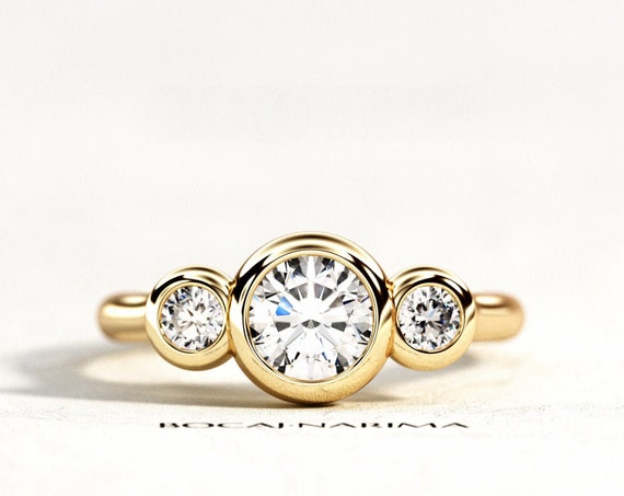 1 Carat Forever One Moissanite Three Stone Ring, 1ct Moissanite and .34ct Diamonds Bezel Set Engagement Ring, Three Stone Bezel Set Ring