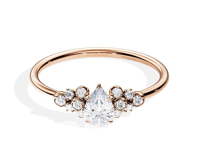 Cluster Lab Grown Diamond Ring / 0.65 TCW Lab Diamonds / 14K or 18K Rose Gold / Pear Lab Grown Diamond / Pear Shape / Cluster Diamond Ring