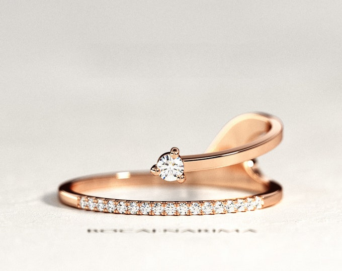 Bypass Diamond Ring Arrow Diamond Ring / Unique Wedding Band in Rose Gold / Womens Double Shank Wedding Ring / Irregular Pave Wedding Band