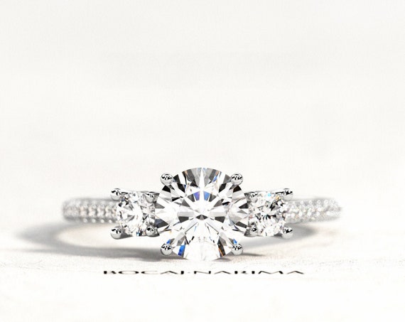 1ct Forever One Pave Engagement Ring, Three Stone 1ct Moissanite and .32ct Diamonds Ring, White Gold Three Stone 4 Prongs Ring, Bridal Ring