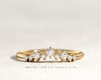 Diamond Cluster Ring / Diamond Curved Wedding Band / Yellow Gold Womens Wedding Ring / Stackable Ring / Nesting Ring / Unique