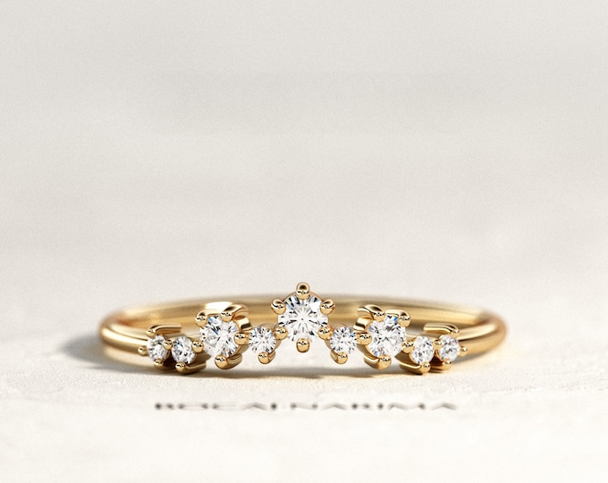Diamond Cluster Ring / Diamond Curved Wedding Band / Yellow Gold Womens Wedding Ring / Stackable Ring / Nesting Ring / Unique