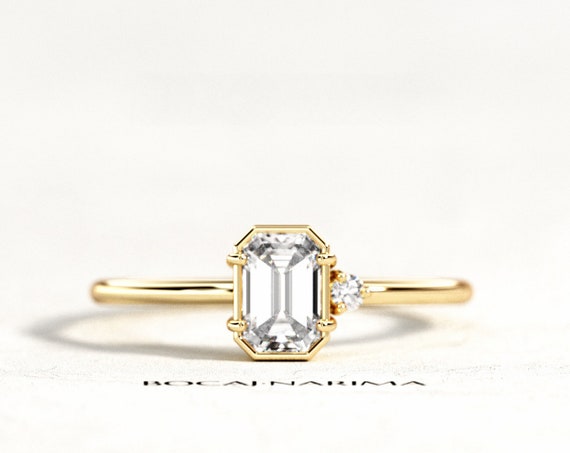 0.5 ct Diamond or Moissanite Emerald Cut Engagement Ring, Dainty Art Deco Emerald Diamond Ring, 6x4mm Emerald Engagement Ring, Emerald Ring