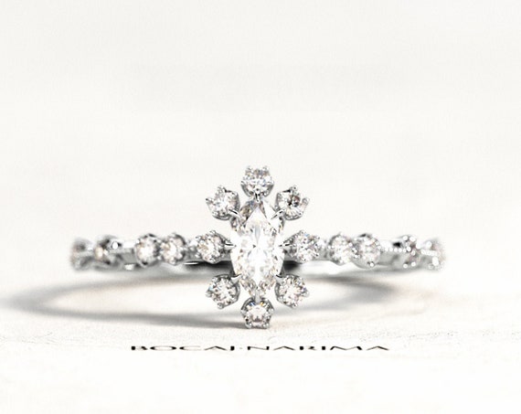 Marquise Diamond Ring, White Gold Thin Milgrains Diamond Ring, Marquise Shaped Ring, Delicate Filigree Ring, Dainty Diamond Engagement Ring