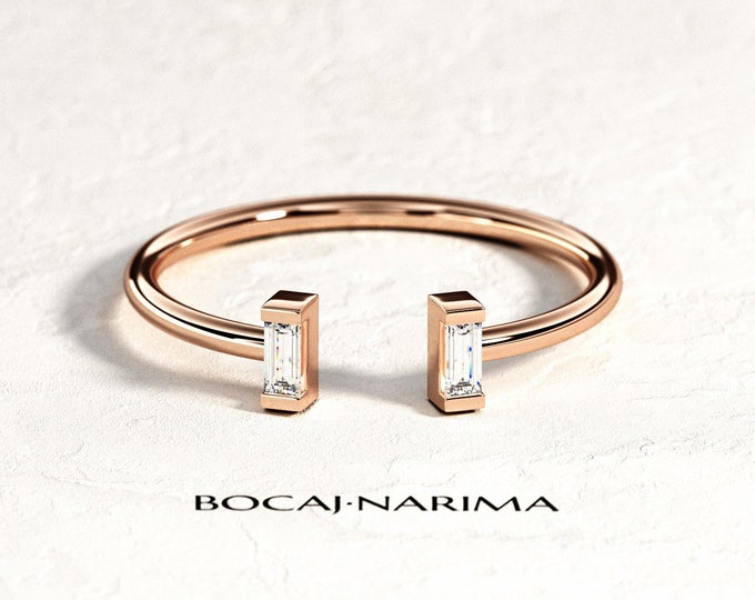 Baguette Diamond Ring / 14K, 18K Rose Gold Baguette Open Ring / Dainty Gold Baguette Ring / Baguette Cuff Ring / Cuff Diamond Ring