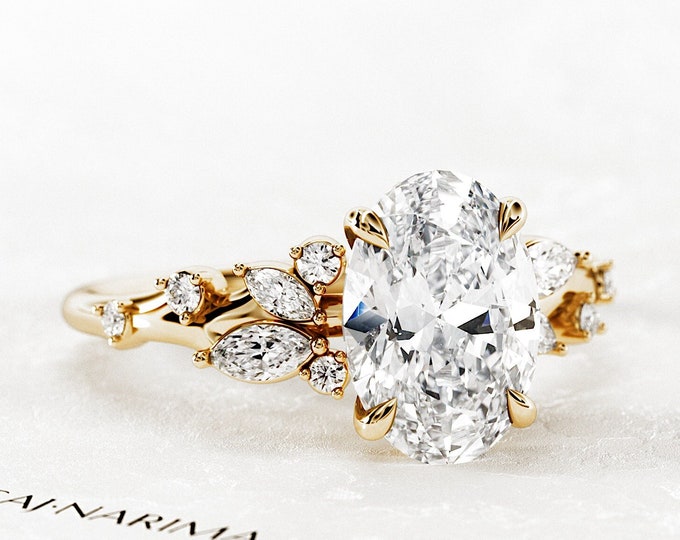 2 Carat Oval Lab Grown Diamond Nature Inspired Engagement Ring / 14k Gold Unique Leaf and Branch Diamond Ring / 18k Yellow Gold Twig Ring