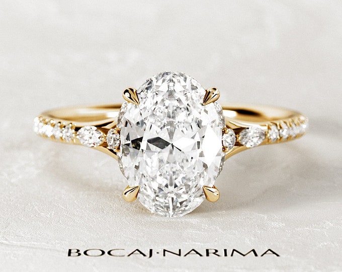 2 Carat Oval Lab Grown Diamond Nature Inspired Engagement Ring / Hidden Halo Oval CVD Diamond Ring in Yellow Gold / Unique Anniversary Ring